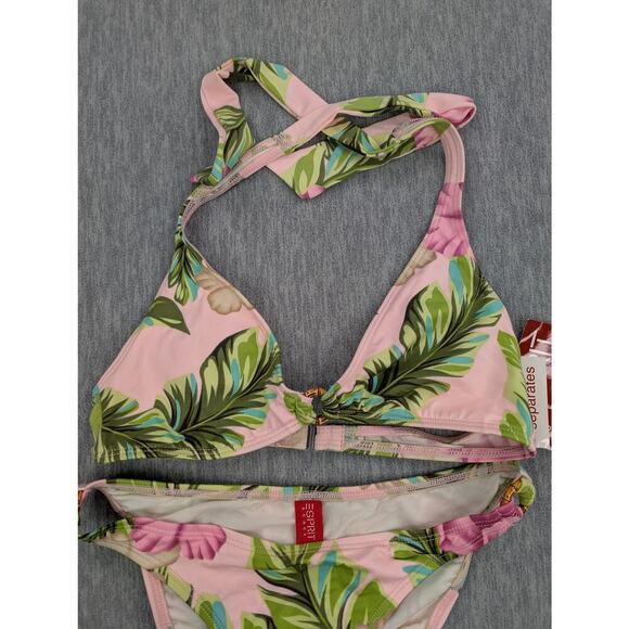 Vintage Esprit Bikini Womens Small Pink Green Leaf Floral Halter Top Bottom Y2K - Picture 3 of 14